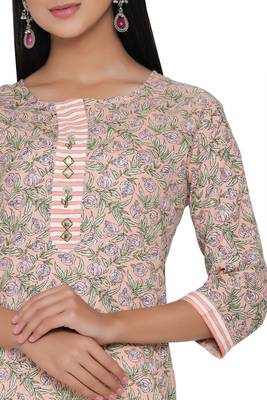 F Womens Cotton Cambric Traditional block Print Straight Kurta Pant Set (Peach) 2