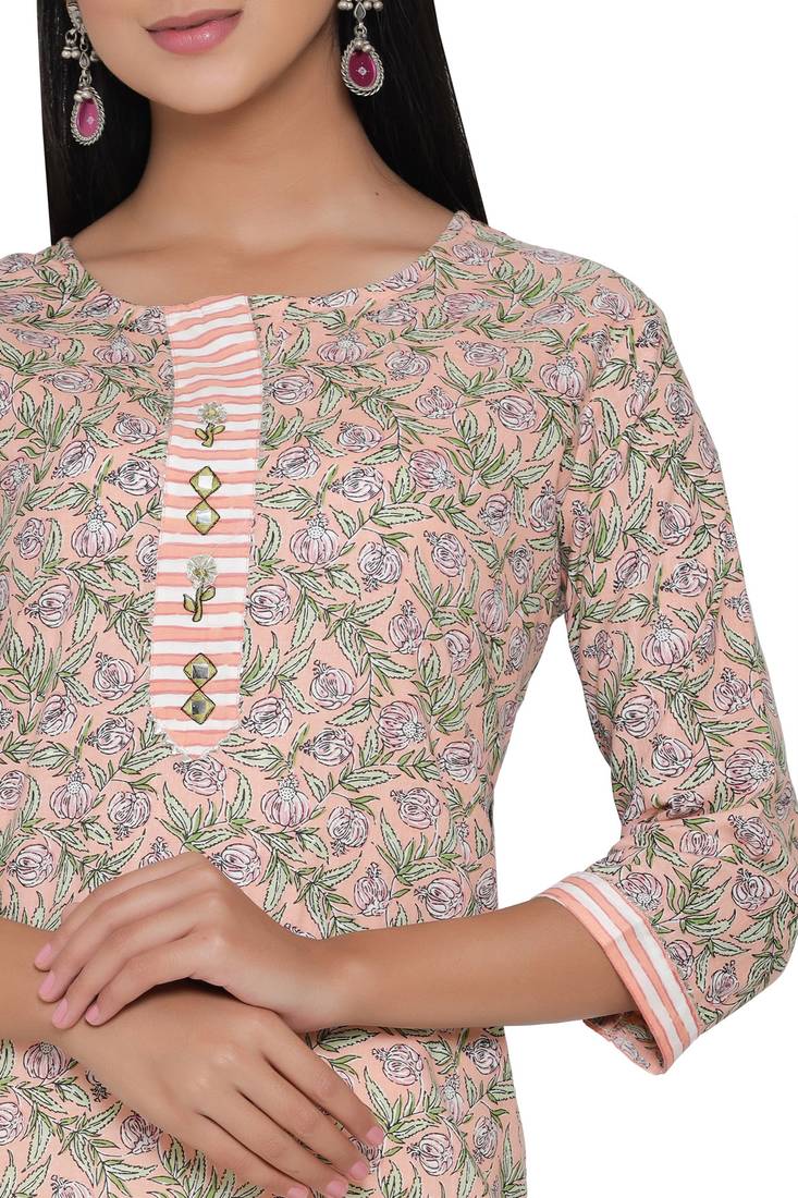 F Womens Cotton Cambric Traditional block Print Straight Kurta Pant Set (Peach)