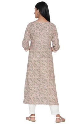 F Womens Cotton Cambric Traditional block Print Straight Kurta Pant Set (Peach) 3