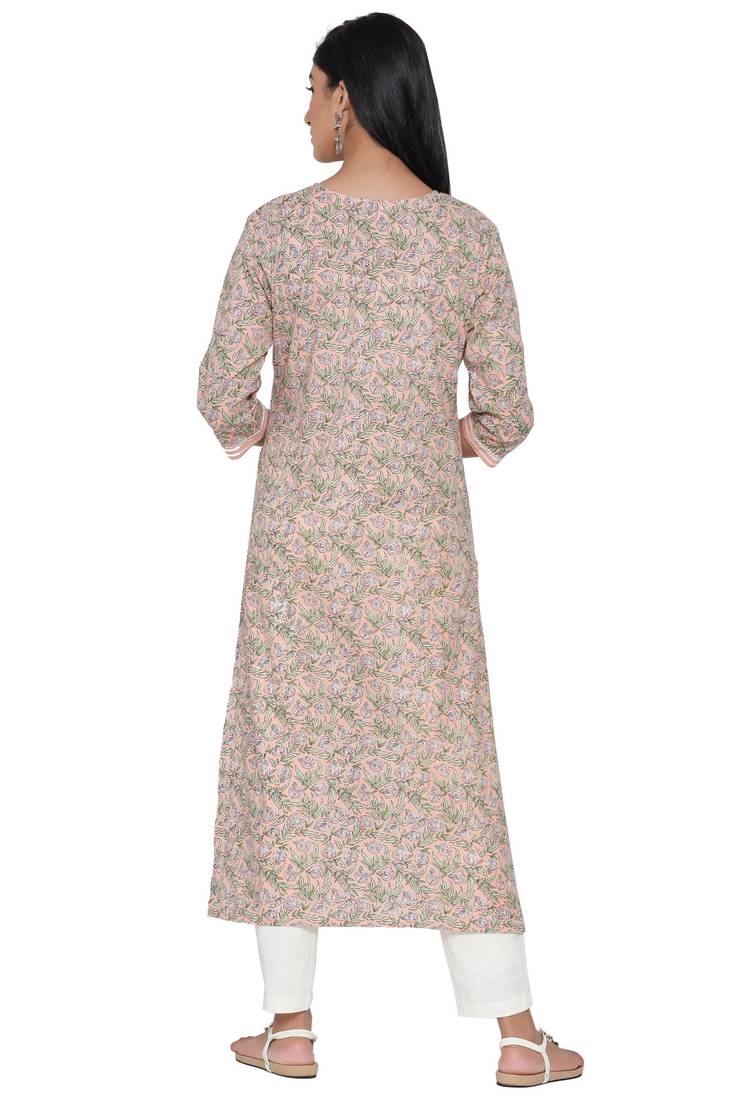 F Womens Cotton Cambric Traditional block Print Straight Kurta Pant Set (Peach)