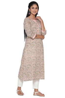 F Womens Cotton Cambric Traditional block Print Straight Kurta Pant Set (Peach) 4