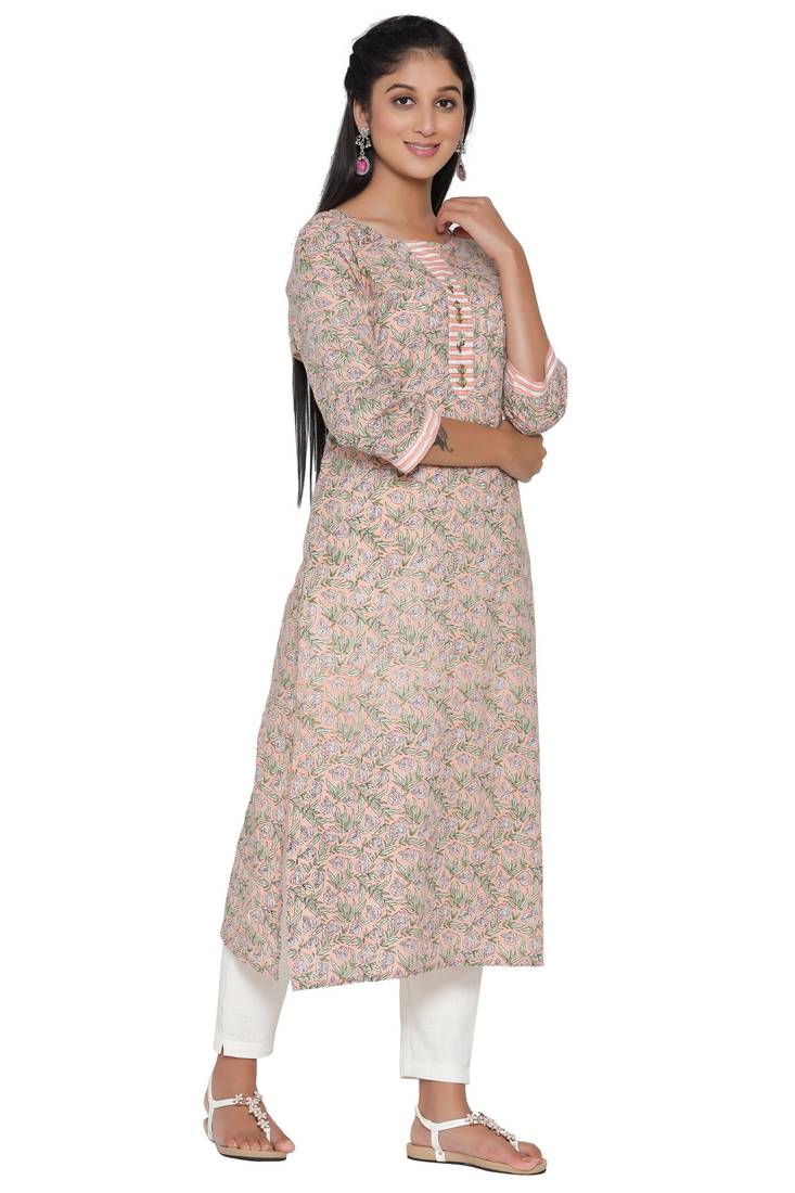 F Womens Cotton Cambric Traditional block Print Straight Kurta Pant Set (Peach)