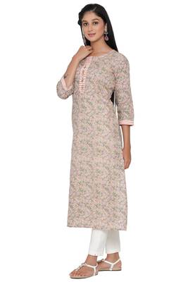 F Womens Cotton Cambric Traditional block Print Straight Kurta Pant Set (Peach) 5