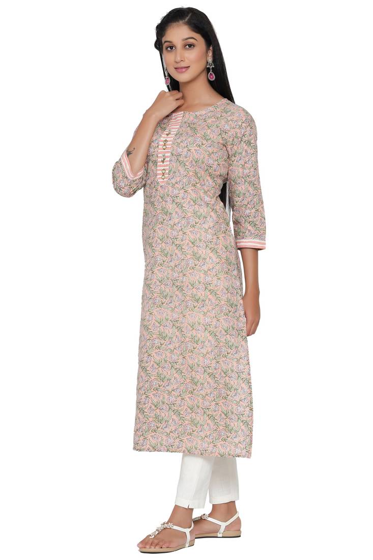 F Womens Cotton Cambric Traditional block Print Straight Kurta Pant Set (Peach)