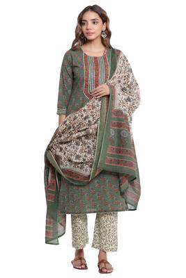 F Womens Cotton Cambric Handblock Print Straight Kurta Palazzo Dupatta (Green) 1