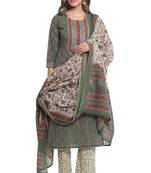 F Womens Cotton Cambric Handblock Print Straight Kurta Palazzo Dupatta (Green)