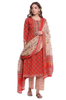 F Womens Cotton Cambric Handblock Print Straight Kurta Palazzo Dupatta (Red) 1