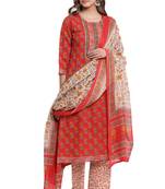 F Womens Cotton Cambric Handblock Print Straight Kurta Palazzo Dupatta (Red)