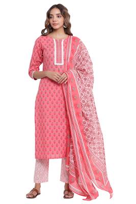 F Womens Cotton Cambric Handblock Print Straight Kurta Palazzo Dupatta (Carrot) 1