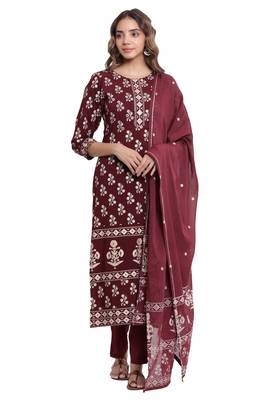 F Womens Rayon Handblock Print Straight Kurta Palazzo Dupatta (Maroon) 1