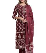 F Womens Rayon Handblock Print Straight Kurta Palazzo Dupatta (Maroon)
