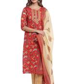 Red  Womens Cotton Cambric Handblock Print Straight Kurta Palazzo Dupatta
