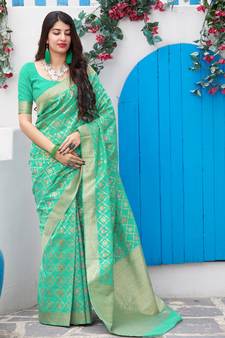 Sea green woven cotton saree with blouse