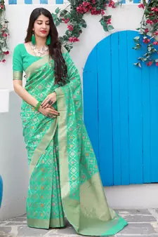 Sea green woven cotton saree with blouse