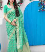 Sea green woven cotton saree with blouse