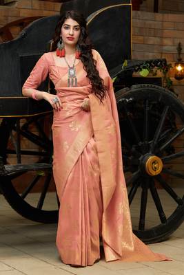 Peach woven cotton saree with blouse 1