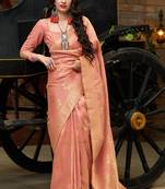 Peach woven cotton saree with blouse