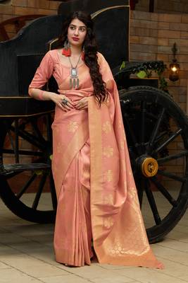 Peach woven cotton saree with blouse 3