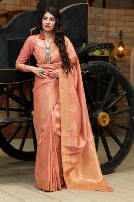Peach woven cotton saree with blouse 4