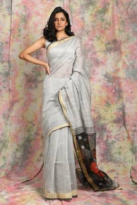 Grey woven blended cotton saree with blouse 1