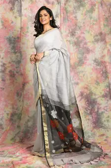 Grey woven blended cotton saree with blouse