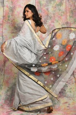 Grey woven blended cotton saree with blouse 3