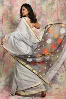 Grey woven blended cotton saree with blouse