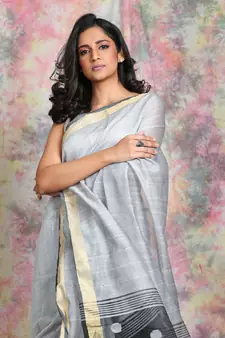Grey woven blended cotton saree with blouse
