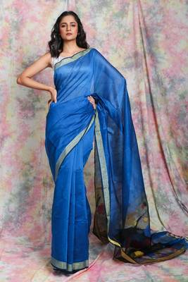 Blue woven Handloom saree with resham designer pallu 1
