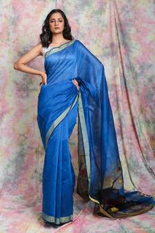 Blue woven Handloom saree with resham designer pallu
