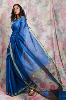 Blue woven Handloom saree with resham designer pallu