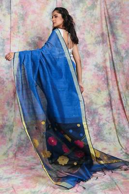 Blue woven Handloom saree with resham designer pallu 3