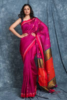 Dark rani pink woven blended cotton saree with blouse 1