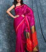 Dark rani pink woven blended cotton saree with blouse