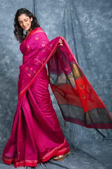 Dark rani pink woven blended cotton saree with blouse