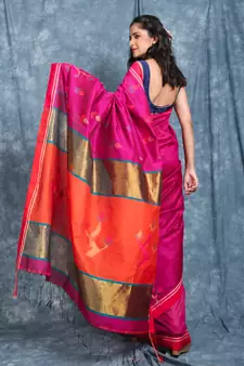 Dark rani pink woven blended cotton saree with blouse