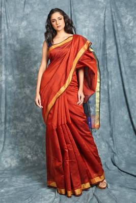 Rust woven blended cotton saree with blouse 1