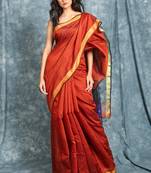 Rust woven blended cotton saree with blouse