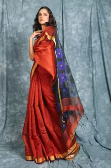 Rust woven blended cotton saree with blouse