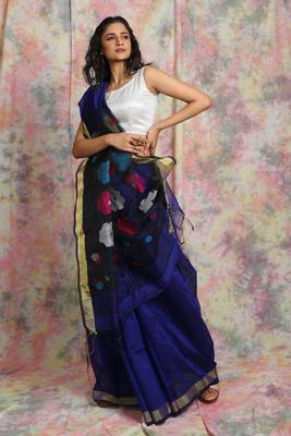 Royal blue woven blended cotton saree with blouse 1