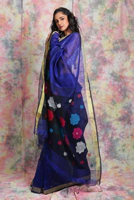 Royal blue woven blended cotton saree with blouse 2