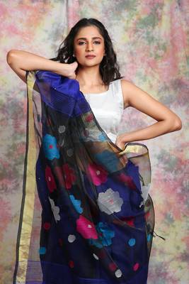 Royal blue woven blended cotton saree with blouse 3