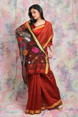Maroon woven blended cotton saree with blouse 1