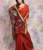 Maroon woven blended cotton saree with blouse