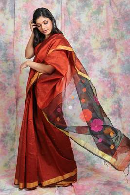 Maroon woven blended cotton saree with blouse 2