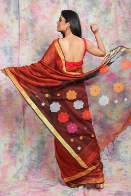 Maroon woven blended cotton saree with blouse 3