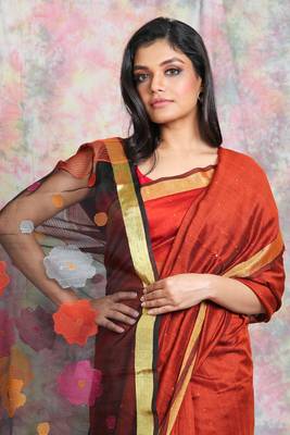 Maroon woven blended cotton saree with blouse 4