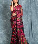 Black jamdani saree with all over peacock motif 