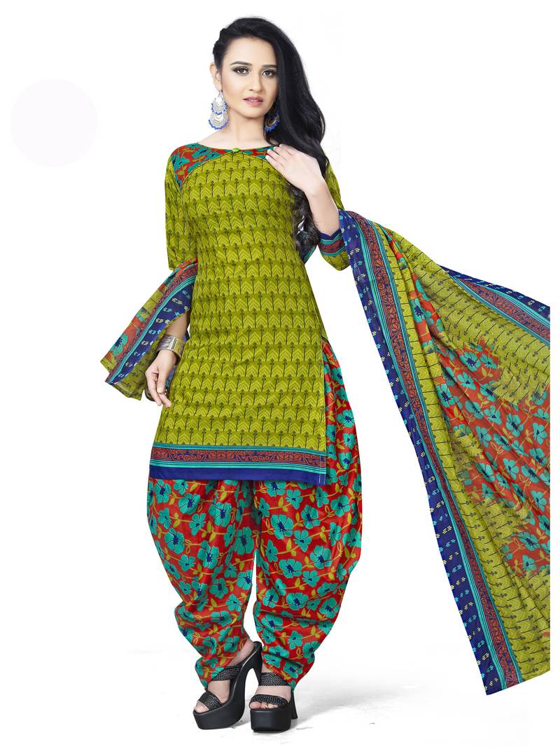 green unstitched printed cotton dress material