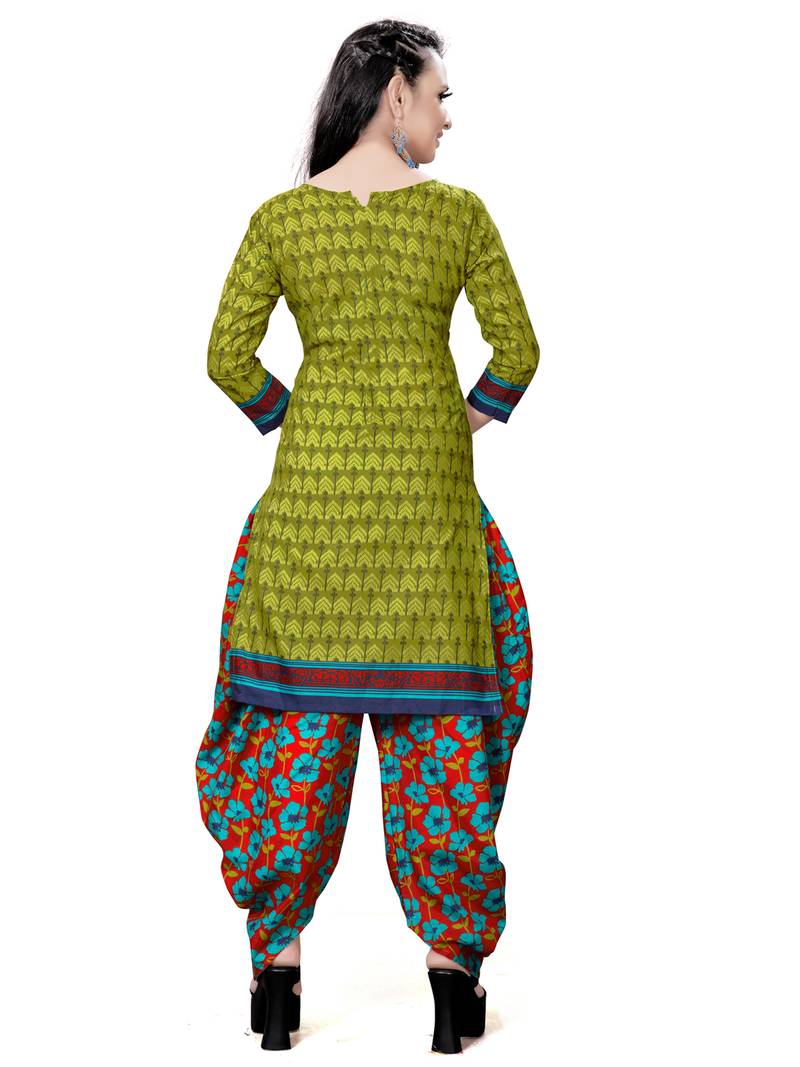 green unstitched printed cotton dress material